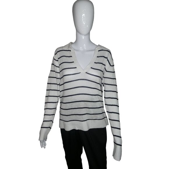 Halston Women's White/Black Striped Drop-shoulder Vneck‎ Knit Sweater - Picture 1 of 8